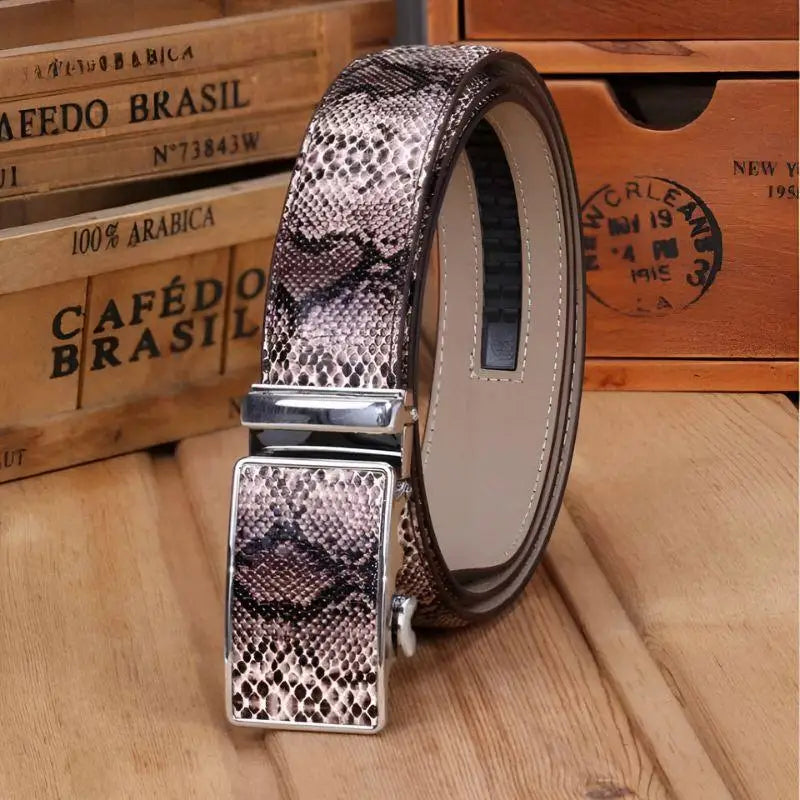 Snakeskin-patterned belt with silver buckle for stylish accessories and fashion
