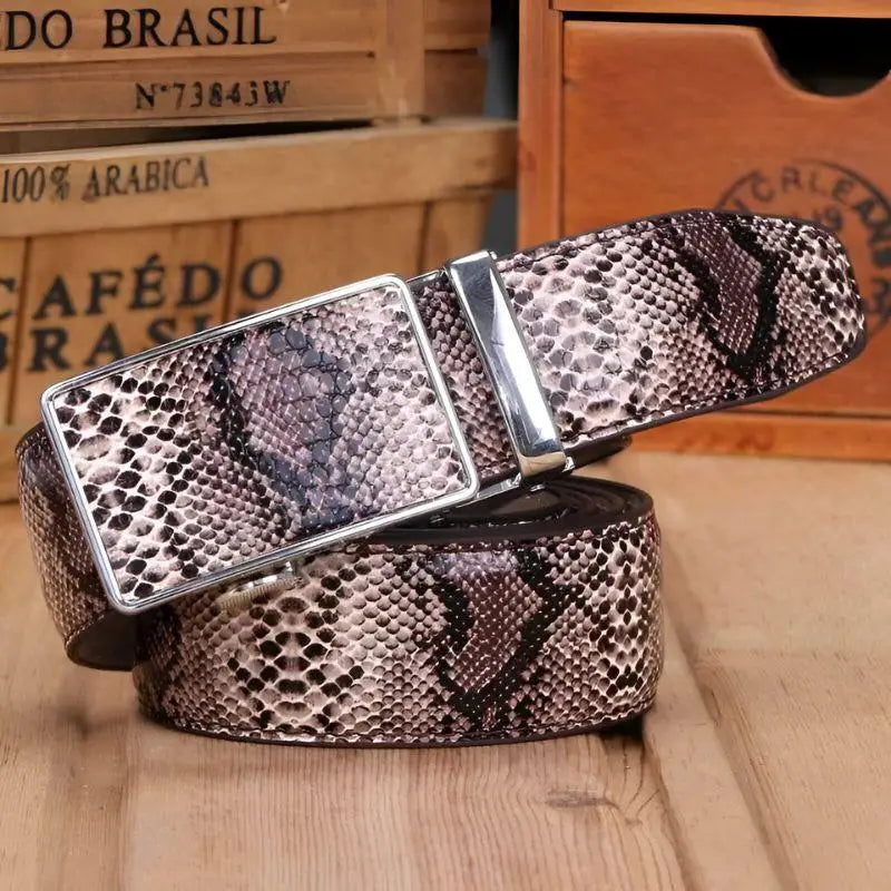 Snakeskin-patterned belt with a silver buckle displayed in the product Snakeskin Patterned Belt with Silver Buckle