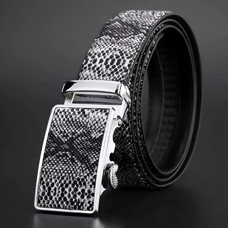 Snakeskin-patterned belt with silver buckle showcased in the Snakeskin Patterned Belt with Silver Buckle product image