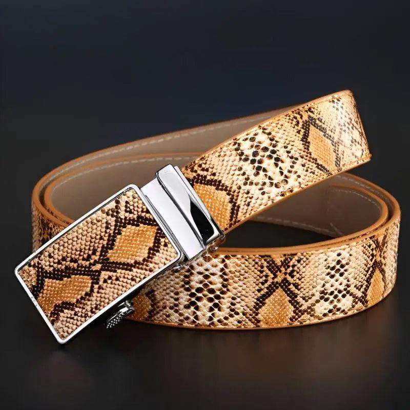 Snakeskin-patterned belt with silver buckle showcased in the Snakeskin Patterned Belt with Silver Buckle product image