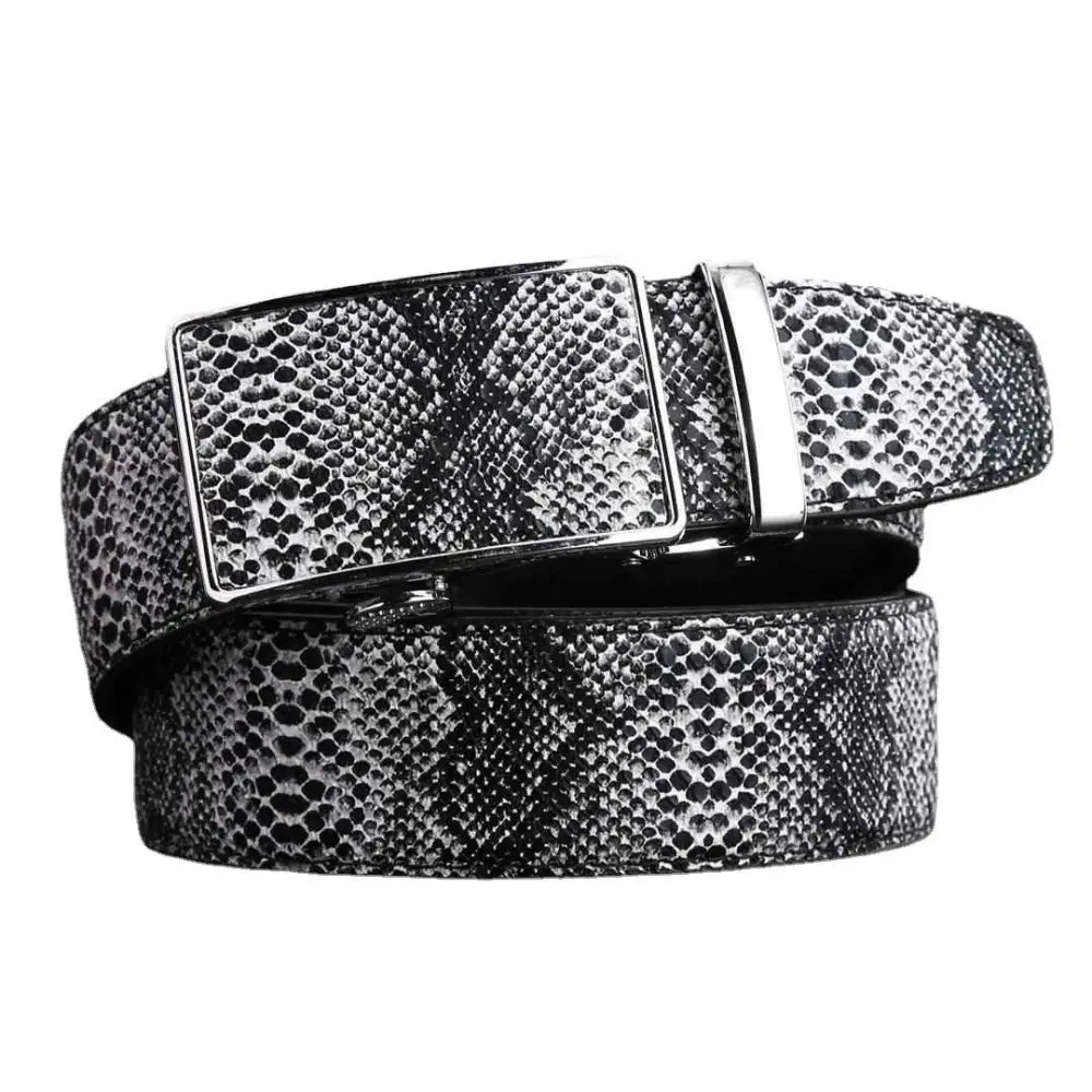Snakeskin patterned belt with silver buckle, stylish accessory for men and women