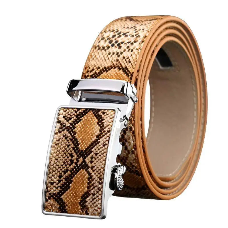 Snakeskin-patterned belt with a silver buckle displayed in the product listing