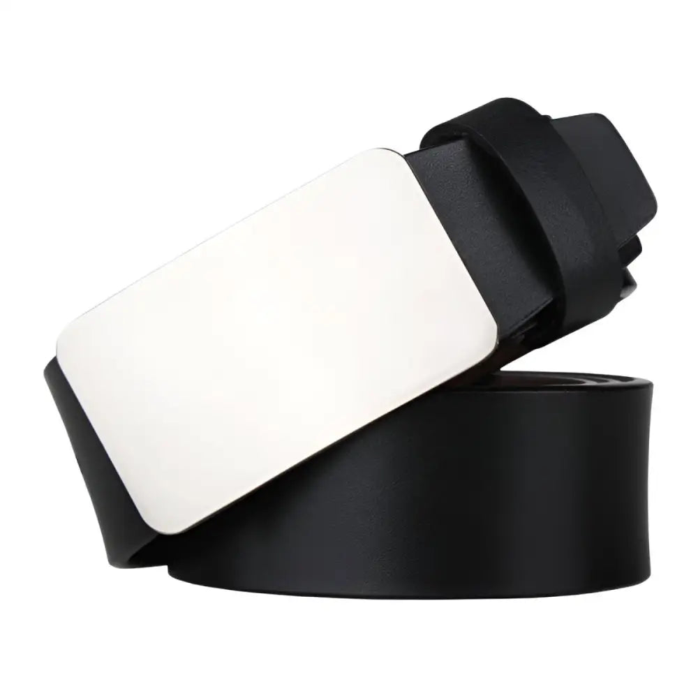 Black full-grain leather belt with white buckle for formal wear