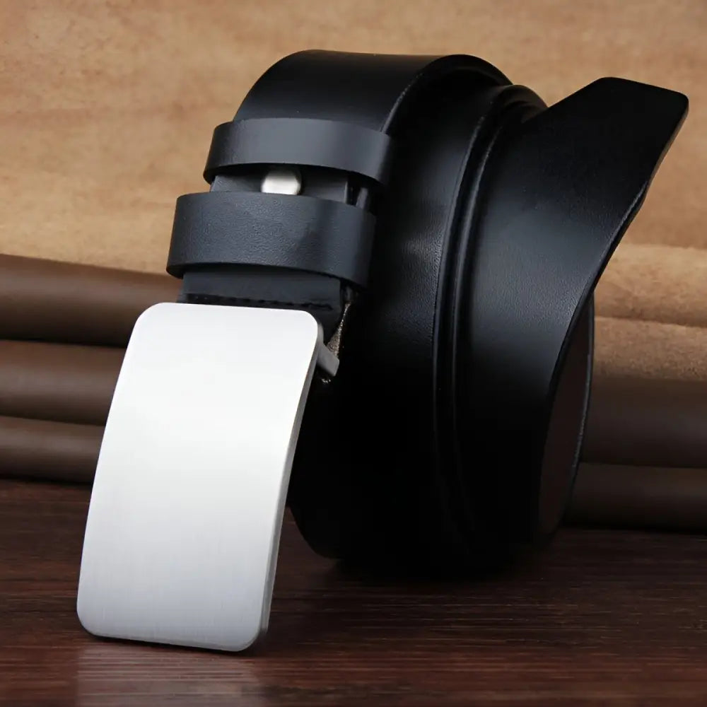 Black full-grain leather belt with silver buckle for men and women