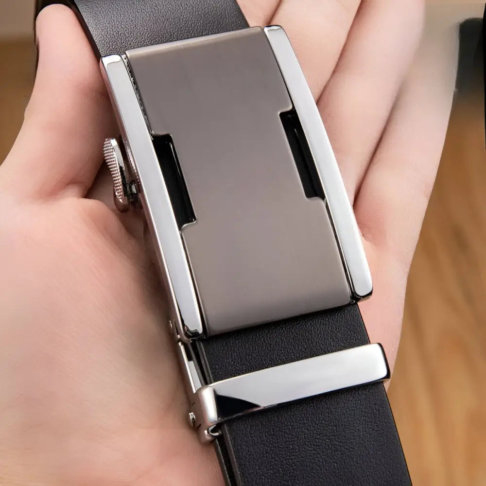 Full-Grain Leather Belt with Silver Buckle showcasing premium black leather craftsmanship