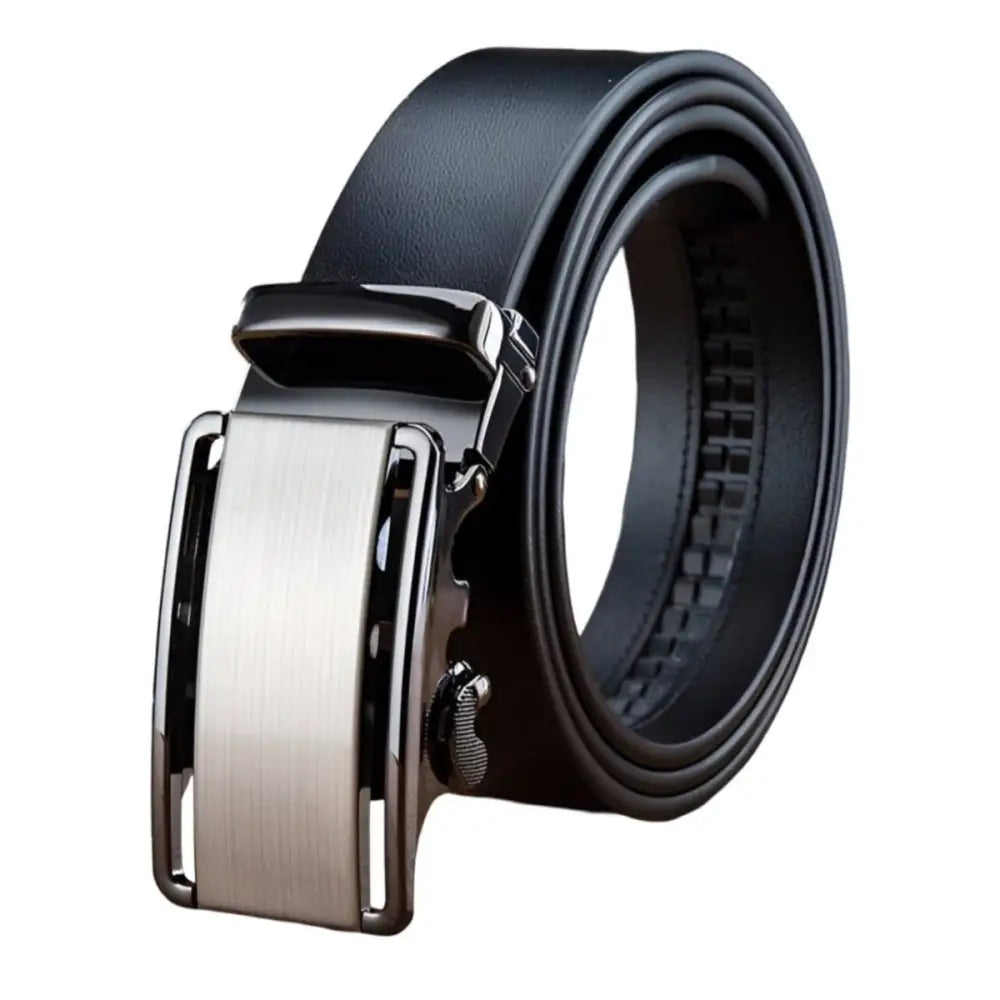 Black Grain Leather Belt with Silver Buckle for Men, stylish leather ratchet belt