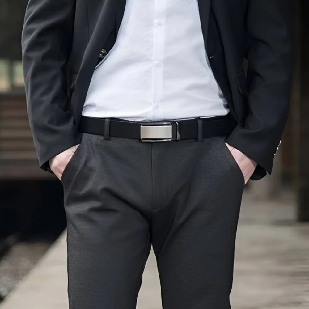 Black grain leather belt for men with a silver buckle, stylish and durable accessory
