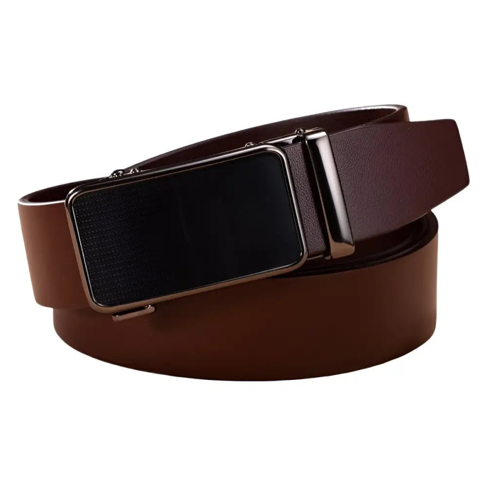 Brown grain leather dress belt with Mauro automatic buckle for elegant formal attire