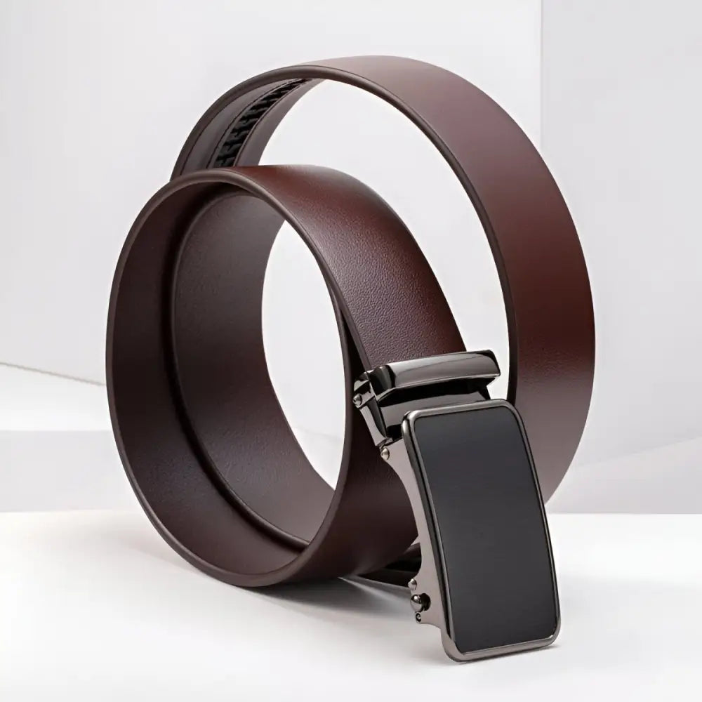 Brown leather ratchet belt with Mauro automatic buckle, perfect for grain leather dress attire