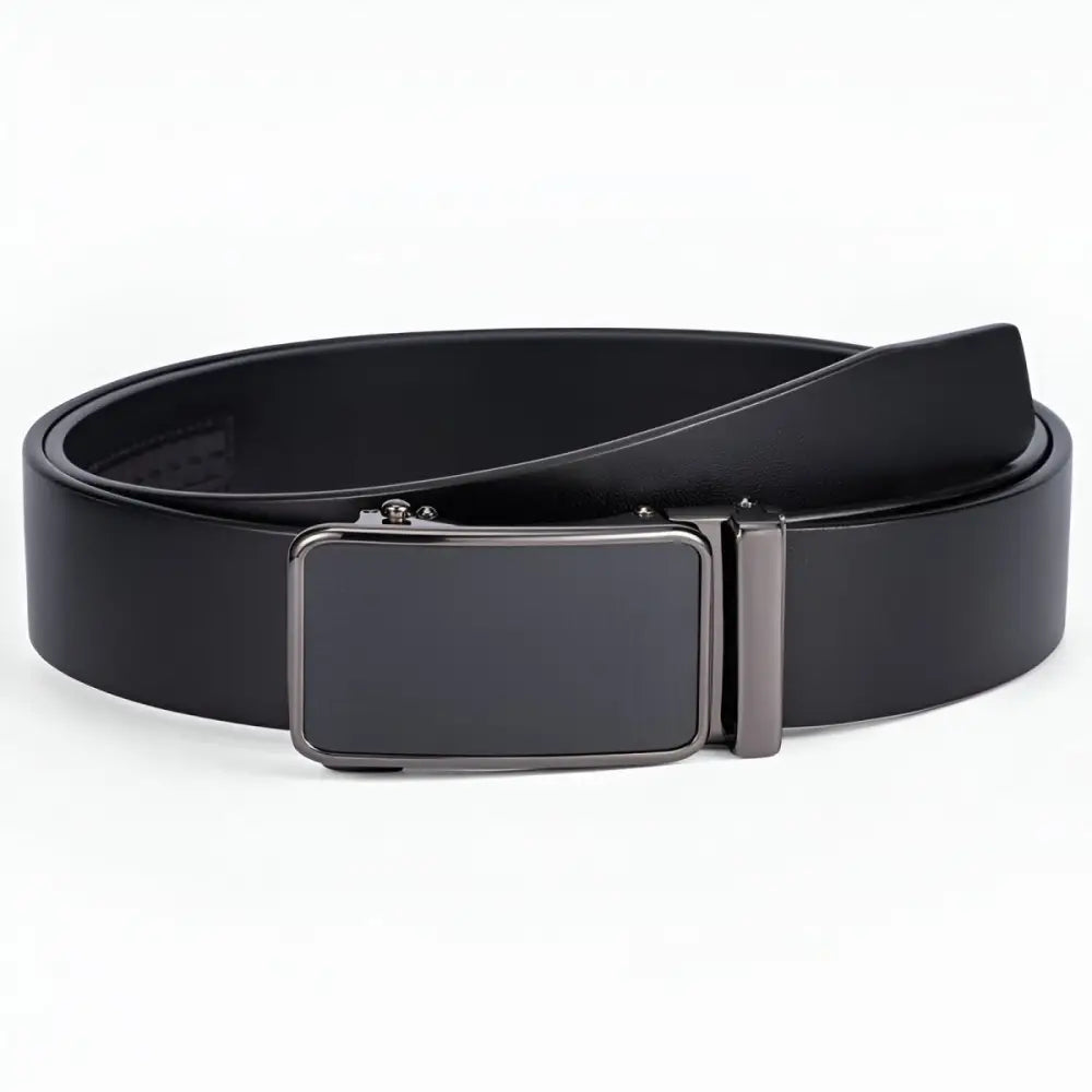 Black grain leather dress belt with Mauro Automatic Buckle and dark metal buckle