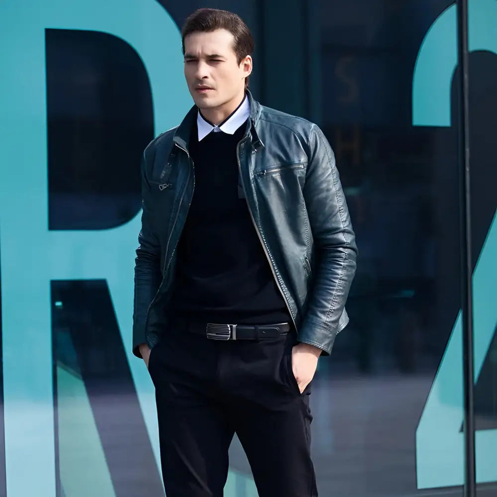 Man wearing Aranthur men’s leather belt with premium materials in blue leather jacket style