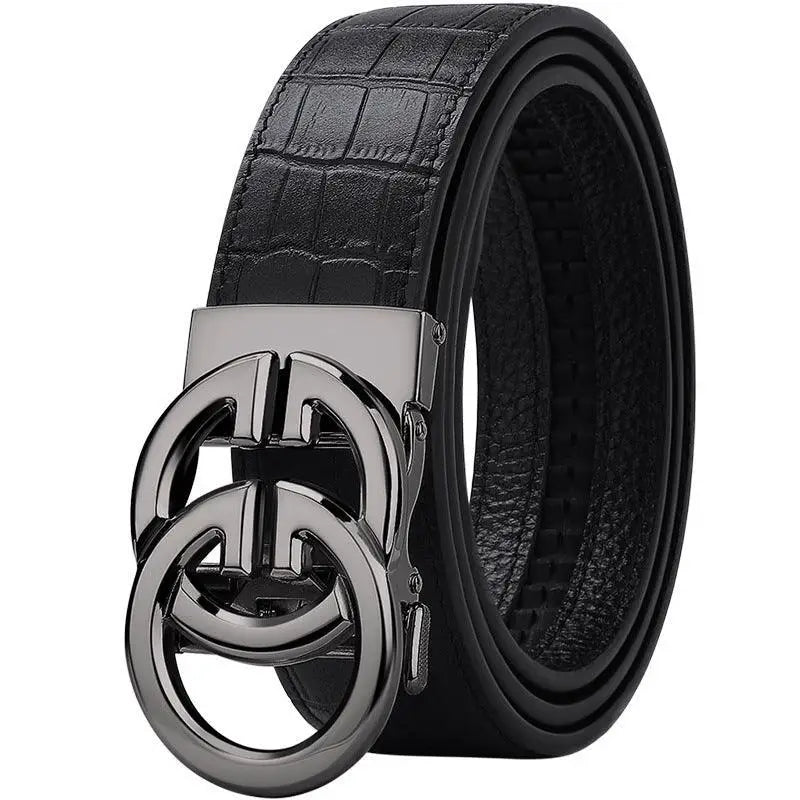 Black leather belt with a double-circle interlocking buckle in black and gold finish