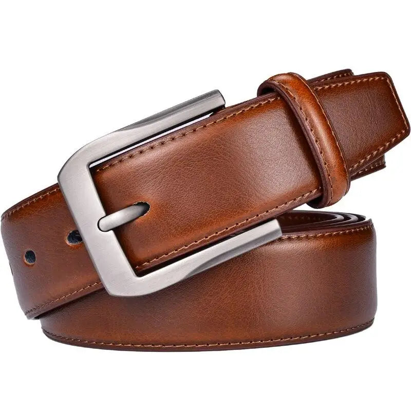 Brown leather belt with silver buckle displayed in the product named Brown Leather Belt with Silver Buckle