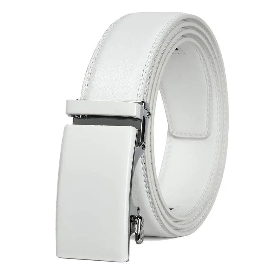 White leather ratchet Birgir belt with a rectangular buckle for suit wear