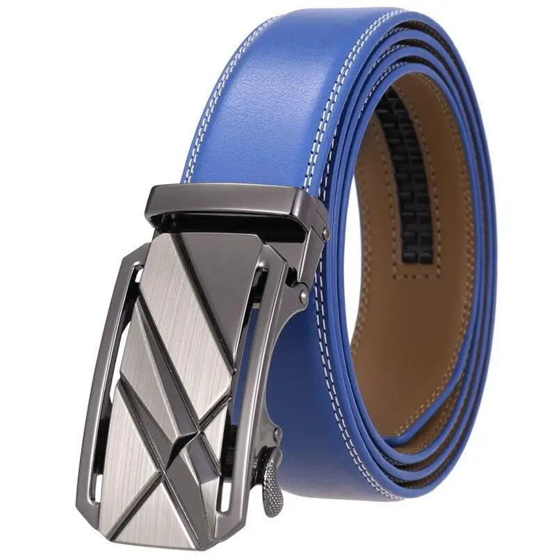 Blue leather ratchet belt with modern silver buckle for stylish men’s fashion