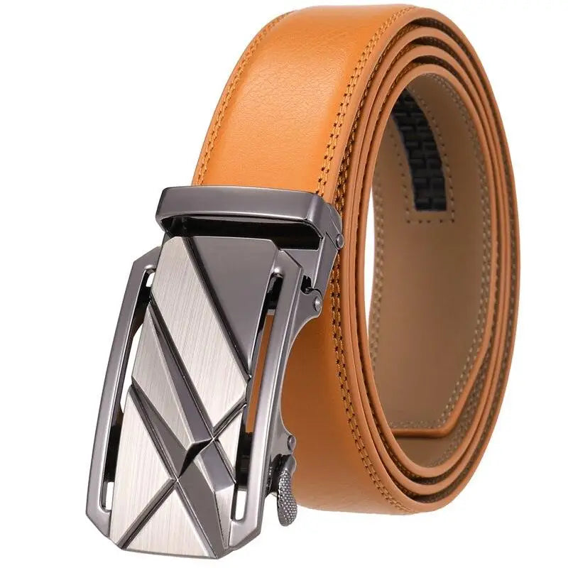 Tan leather belt with modern geometric silver buckle for stylish accessories