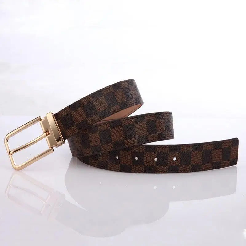 Brown checkered leather suit belt en cuir with gold buckle for elegant men’s fashion
