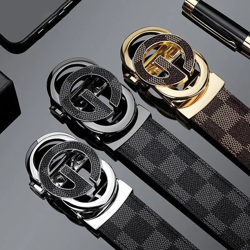 Gioele men’s belt collection showcasing checkered patterns with metallic G buckles