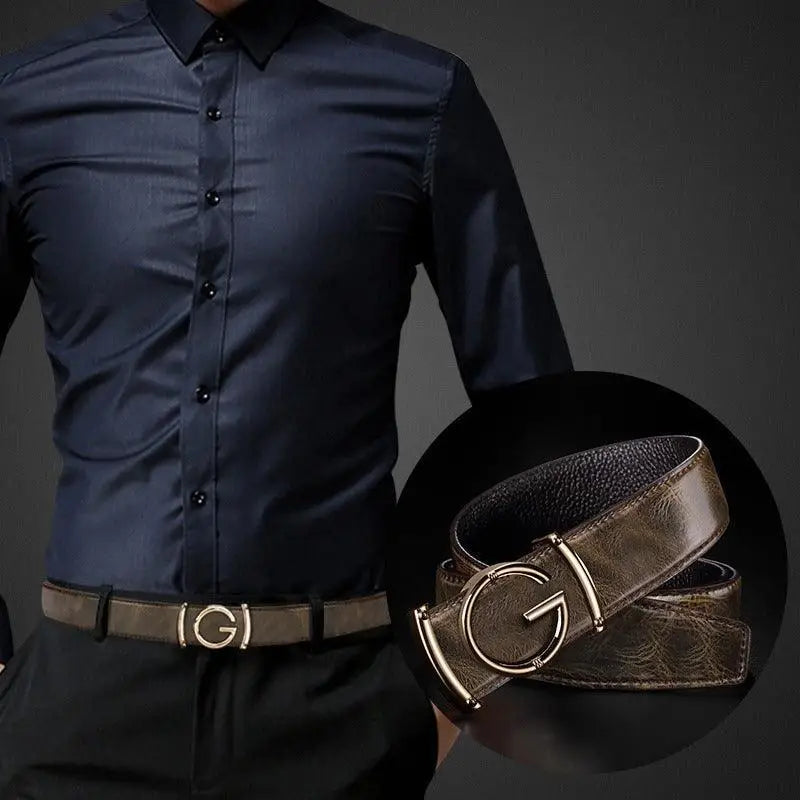 Giuseppe Model brown leather belt with gold buckle paired with navy blue shirt for formal wear