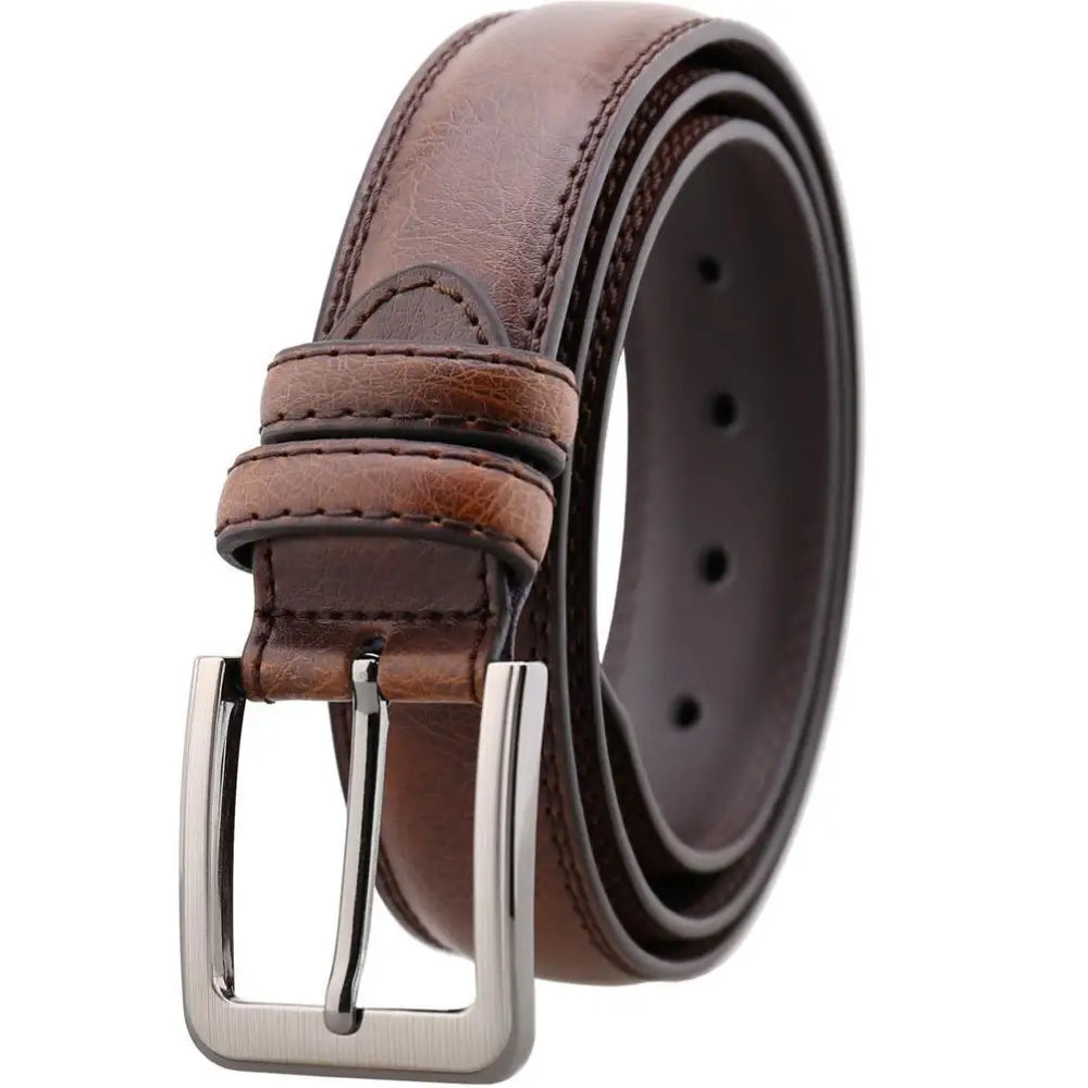 Brown leather suit belt for men with silver buckle, perfect for men’s leather suit selection
