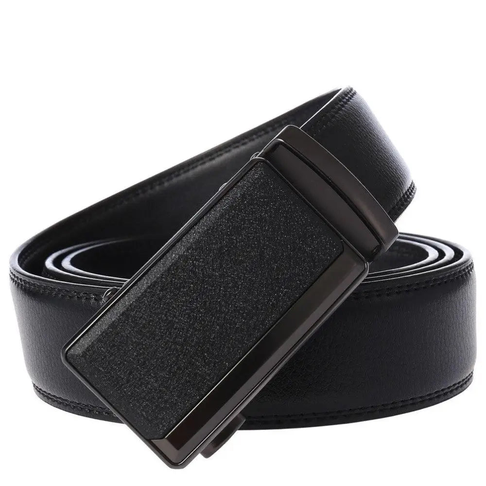 Black leather ratchet belt shown in a suit belt en cuir for homme with black buckle