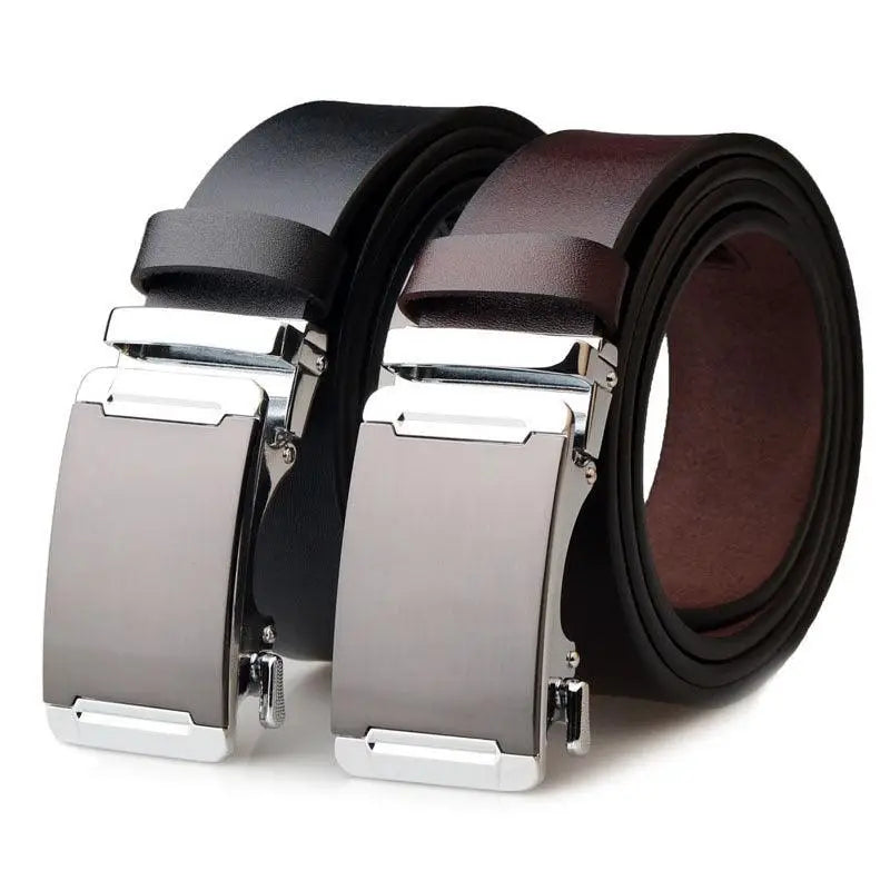 Two leather belts with silver ratchet buckles for a classic style leather belt