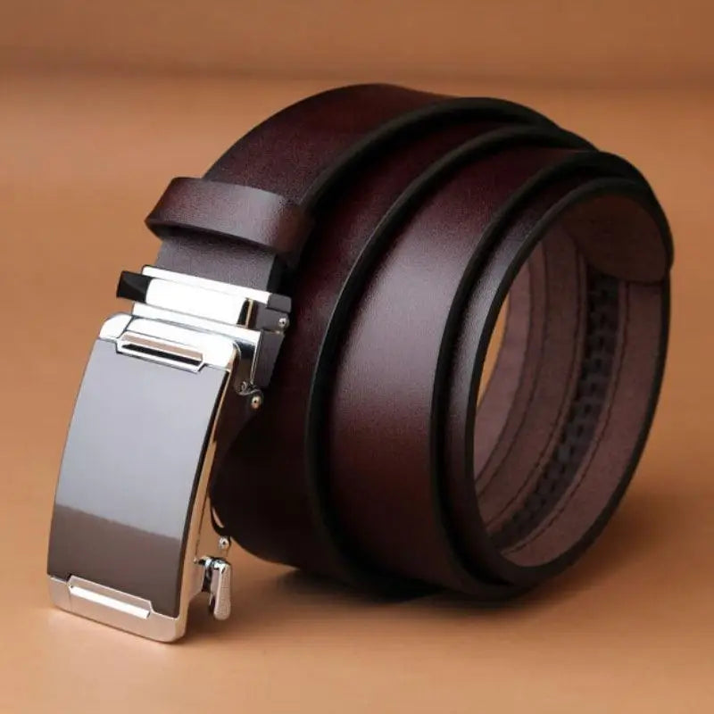 Burgundy leather belt with silver buckle for a classic style accessory