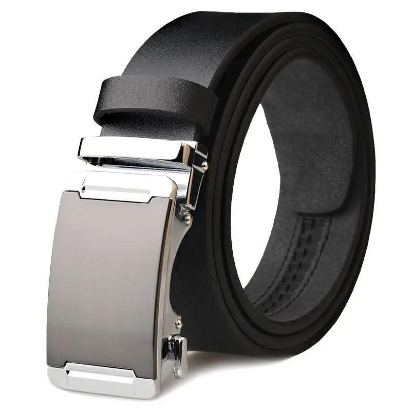 Black leather belt with silver buckle, ideal accessory for classic styles