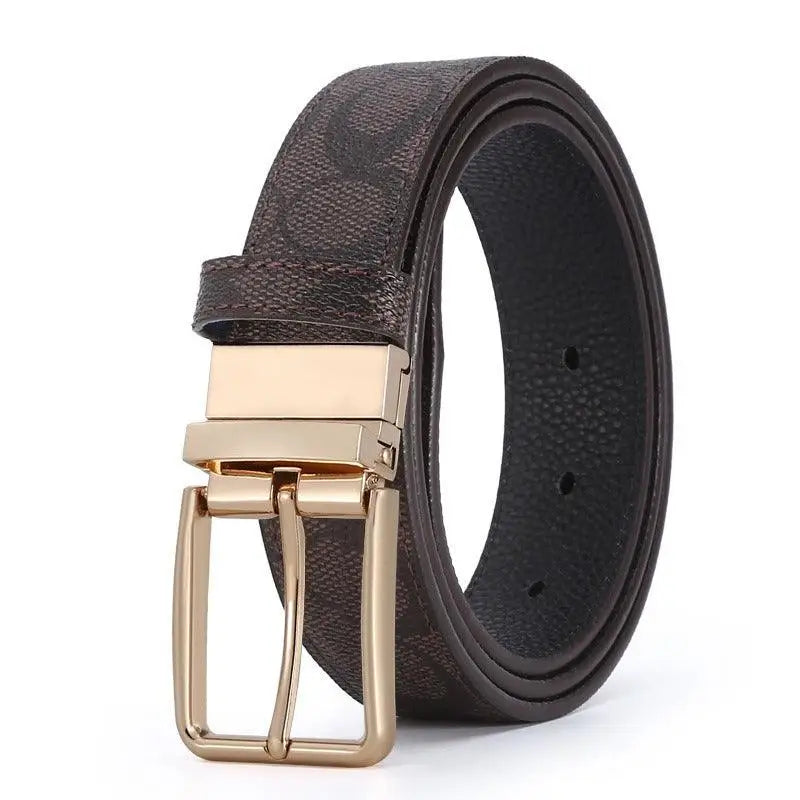 Brown patterned suit belt en cuir pour homme with gold buckle for elegant formal wear