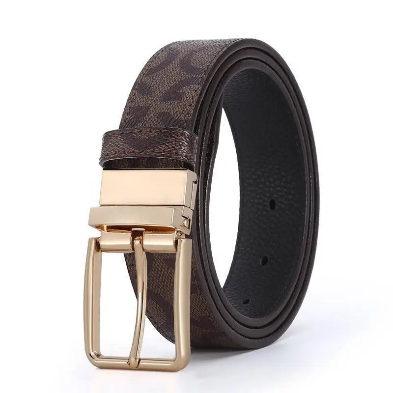Brown patterned suit belt en cuir pour homme with gold buckle for elegant attire
