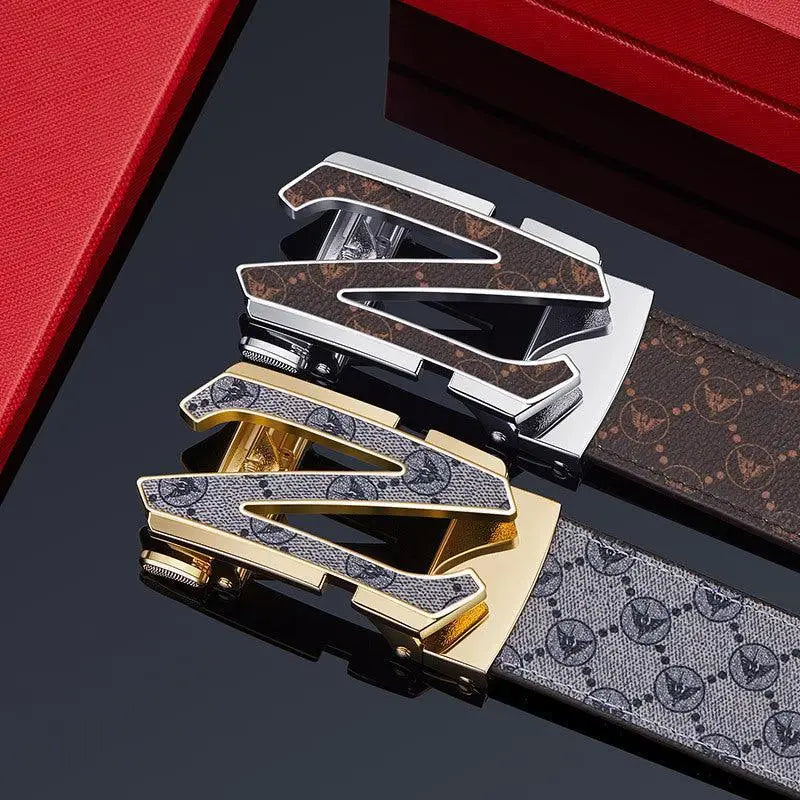 Elegant designer leather suit belts with gold buckles and patterned finish