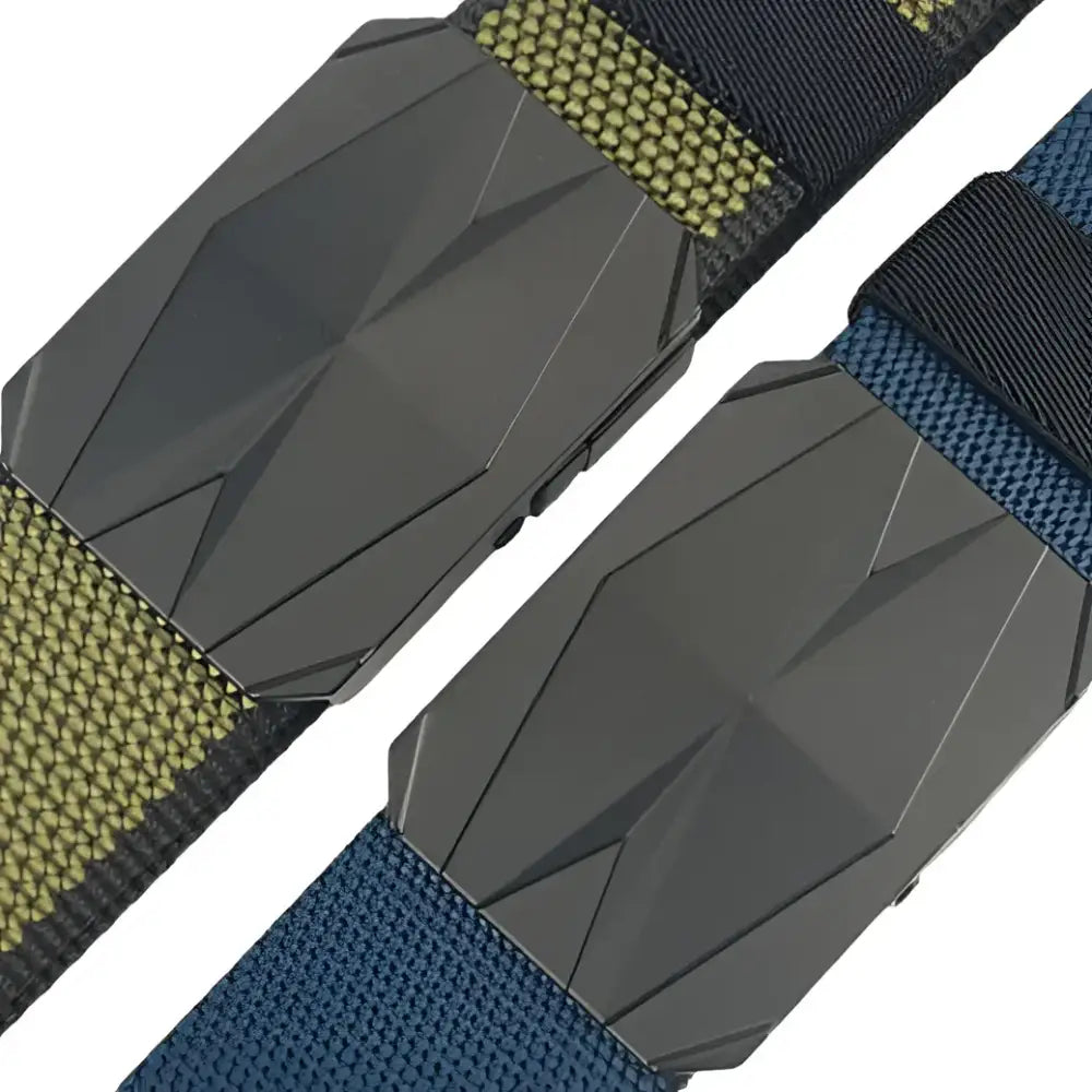 Sultan Belt set featuring two patterned belts with geometric buckles in blue and black