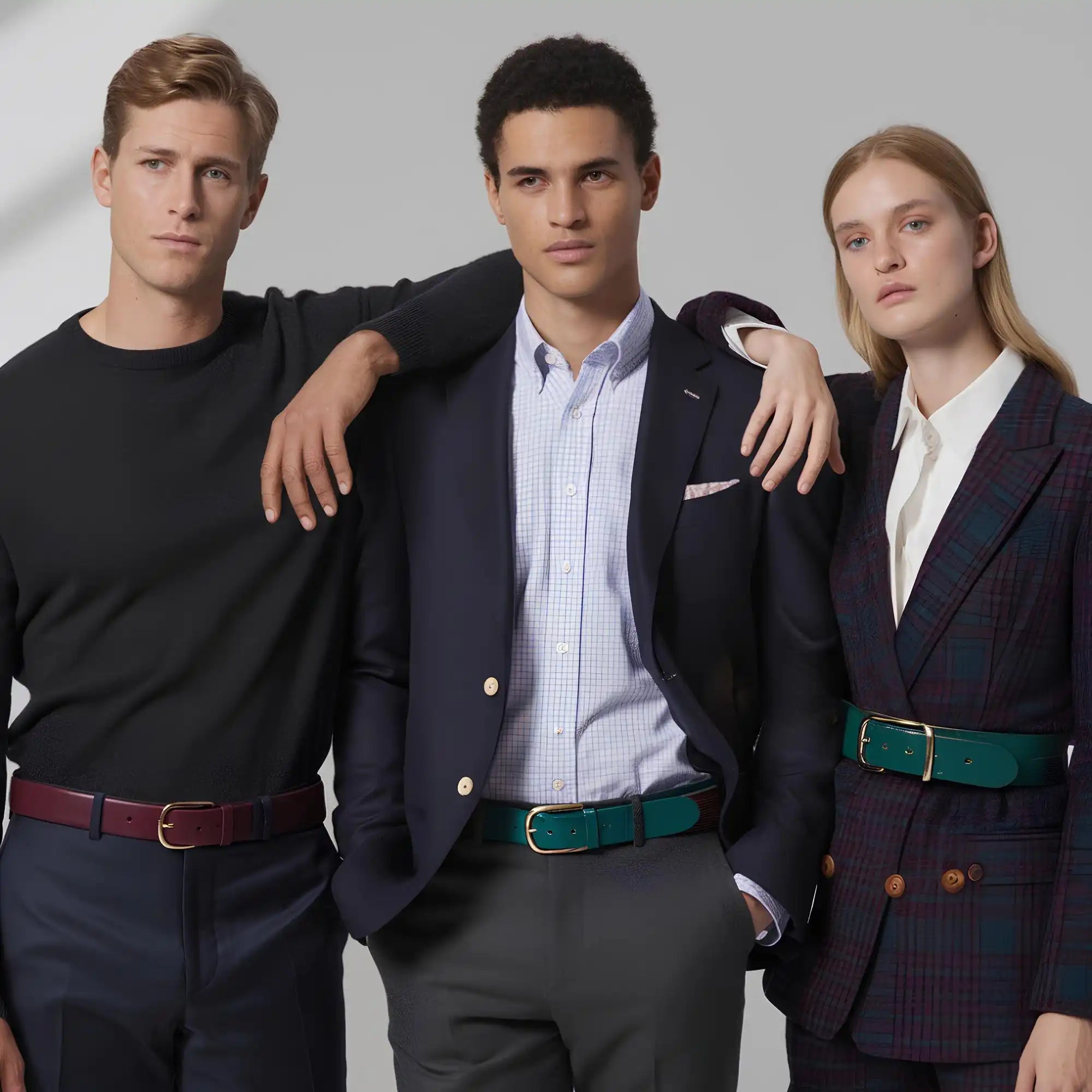 Three people wearing belts.