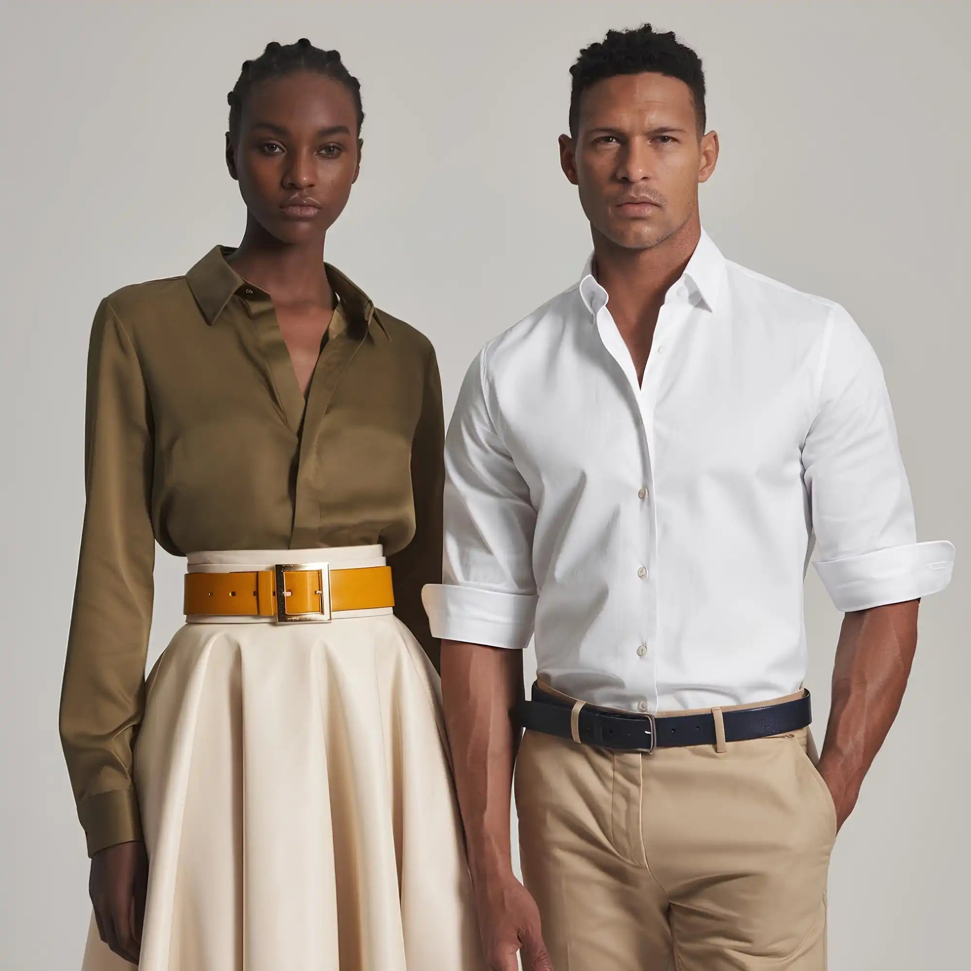 Two models wearing belts.