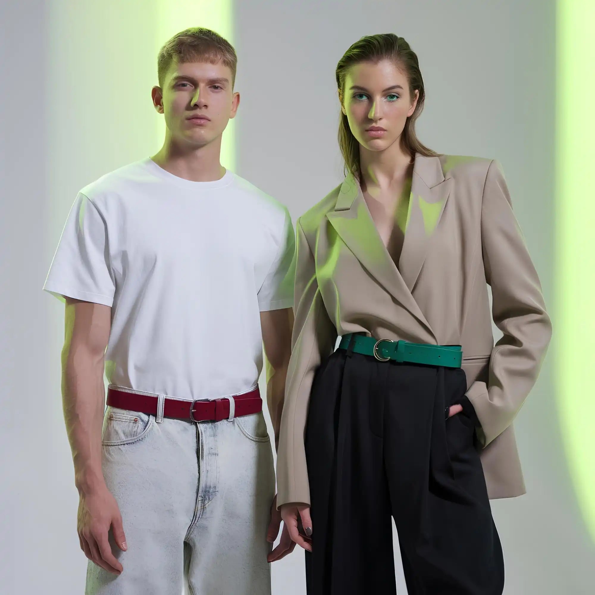 Two models wearing belts.
