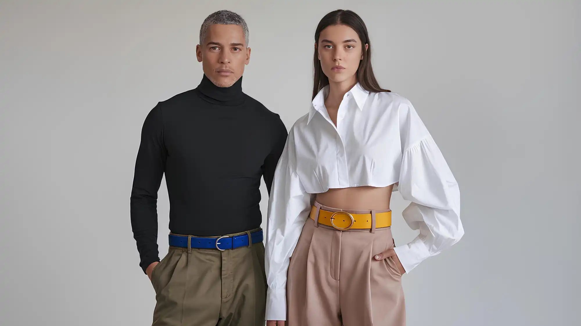 Two models wearing belts.
