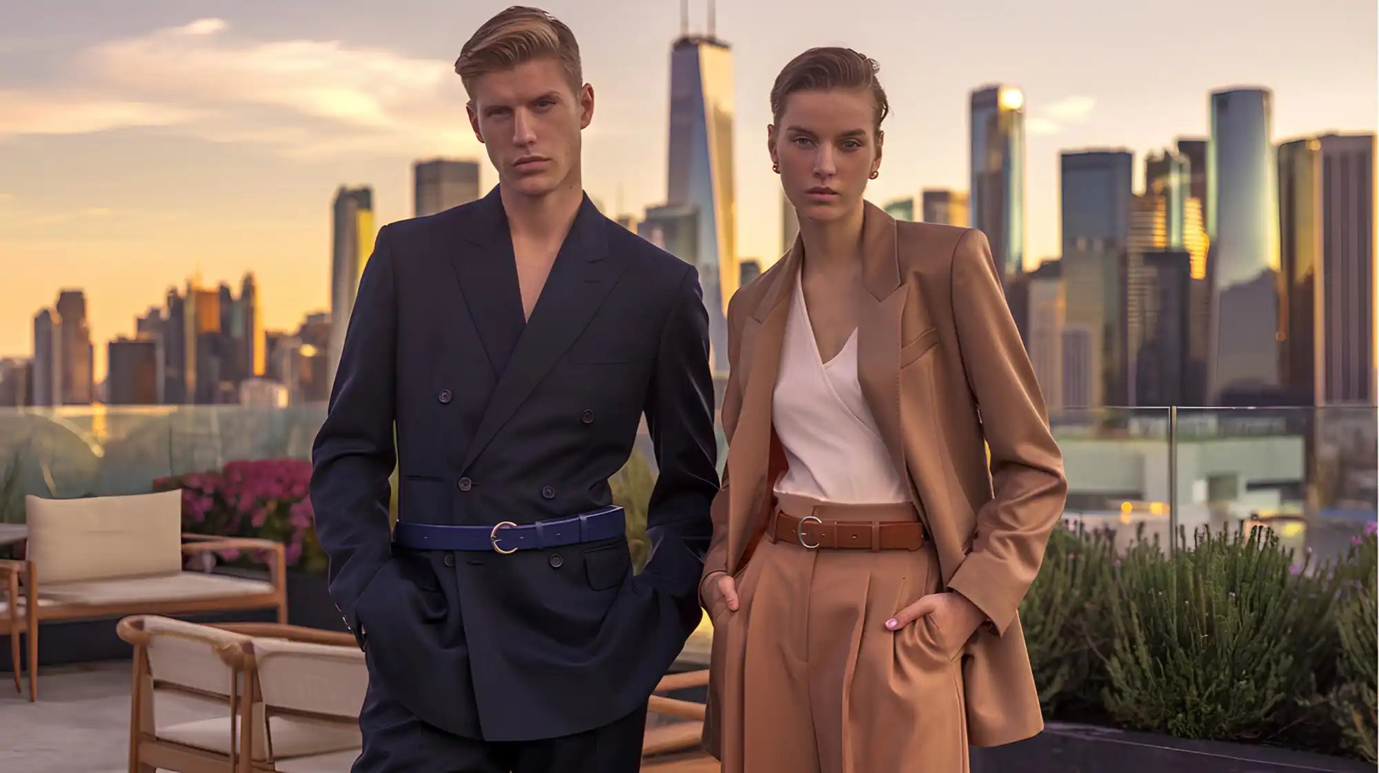 Two models wearing stylish suits.