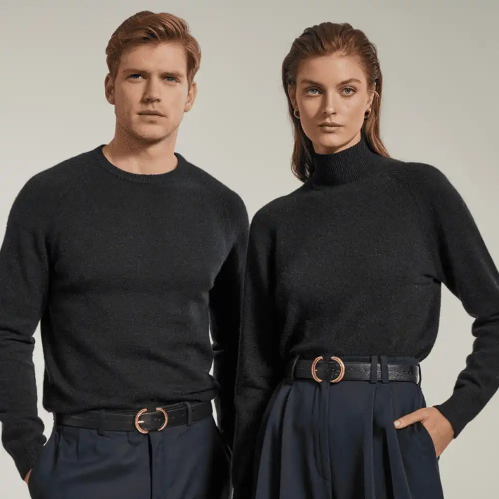 Two people wearing black sweaters and belts.