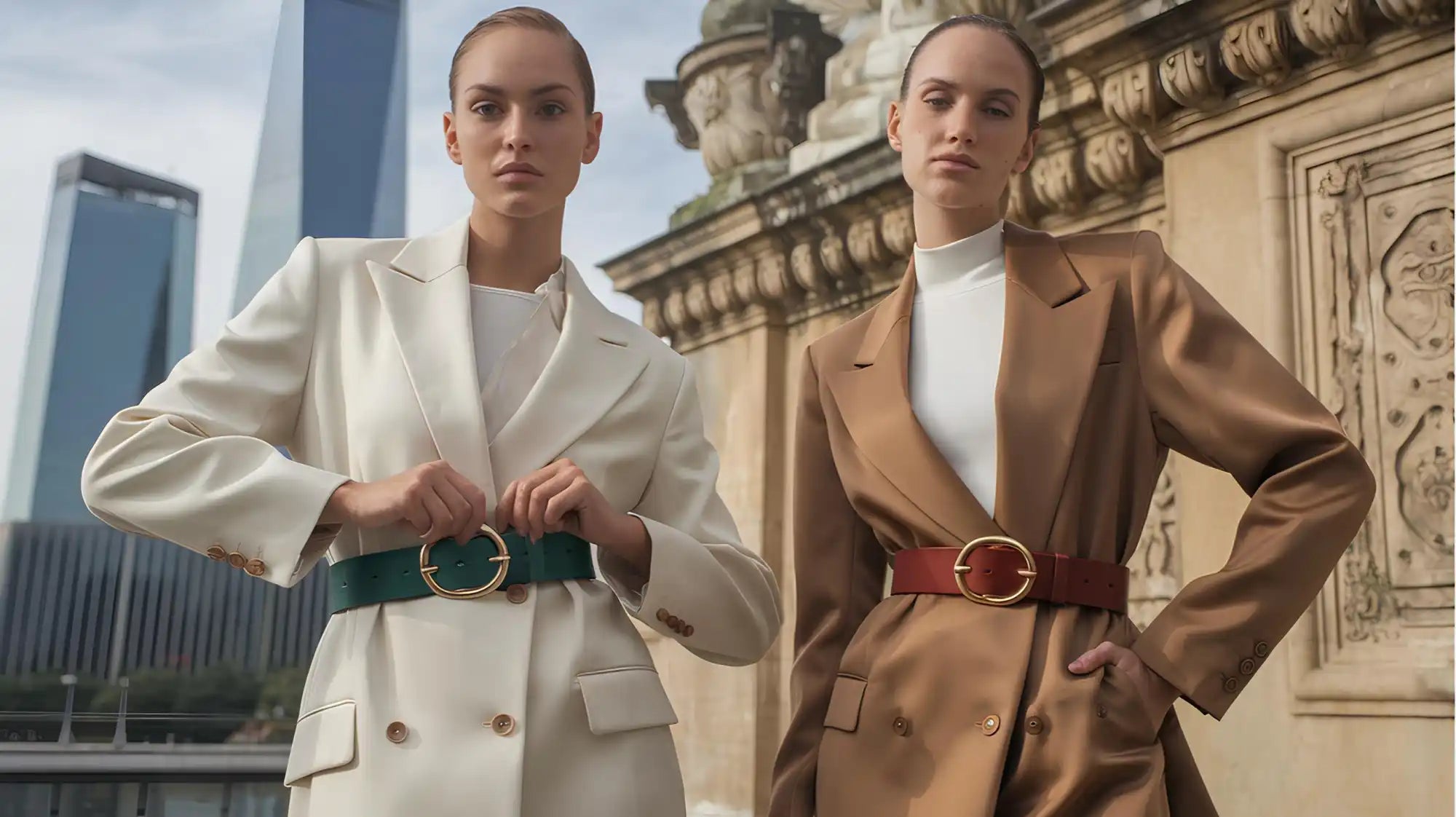Two women wearing belted blazers.