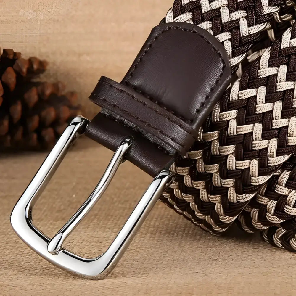 William Belt in braided brown and beige with silver buckle for stylish men’s accessories