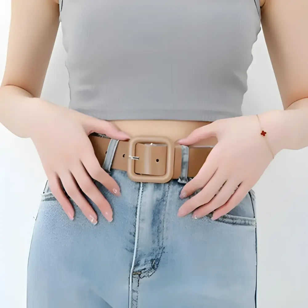 Wilna Belt Collection in pink yellow and lavender featuring a tan belt with square buckle