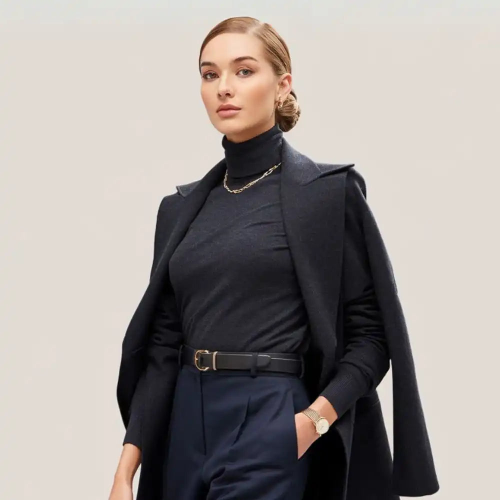 Woman in dark turtleneck and blazer.