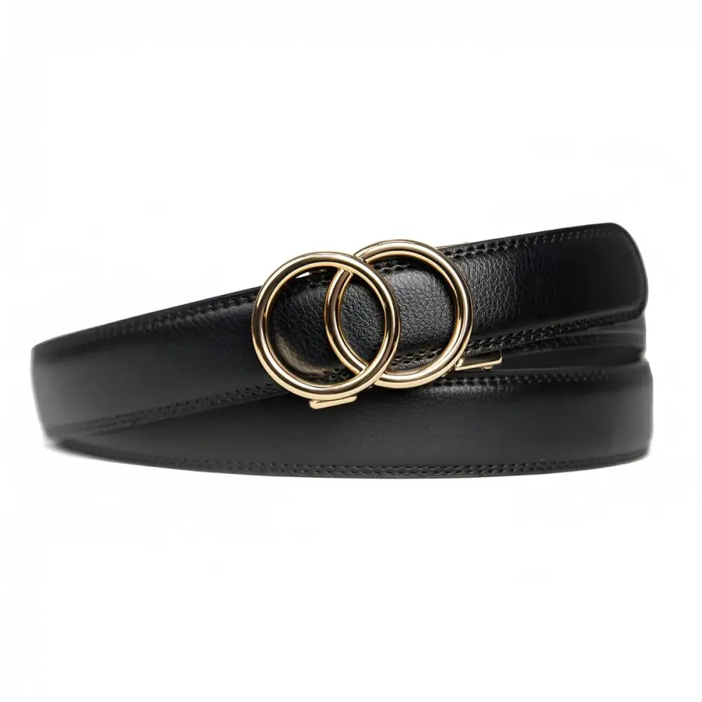 Black leather belt with gold double-circle buckle worn by Woman in Black Tank Top White Pants and Olive-Green Shirt