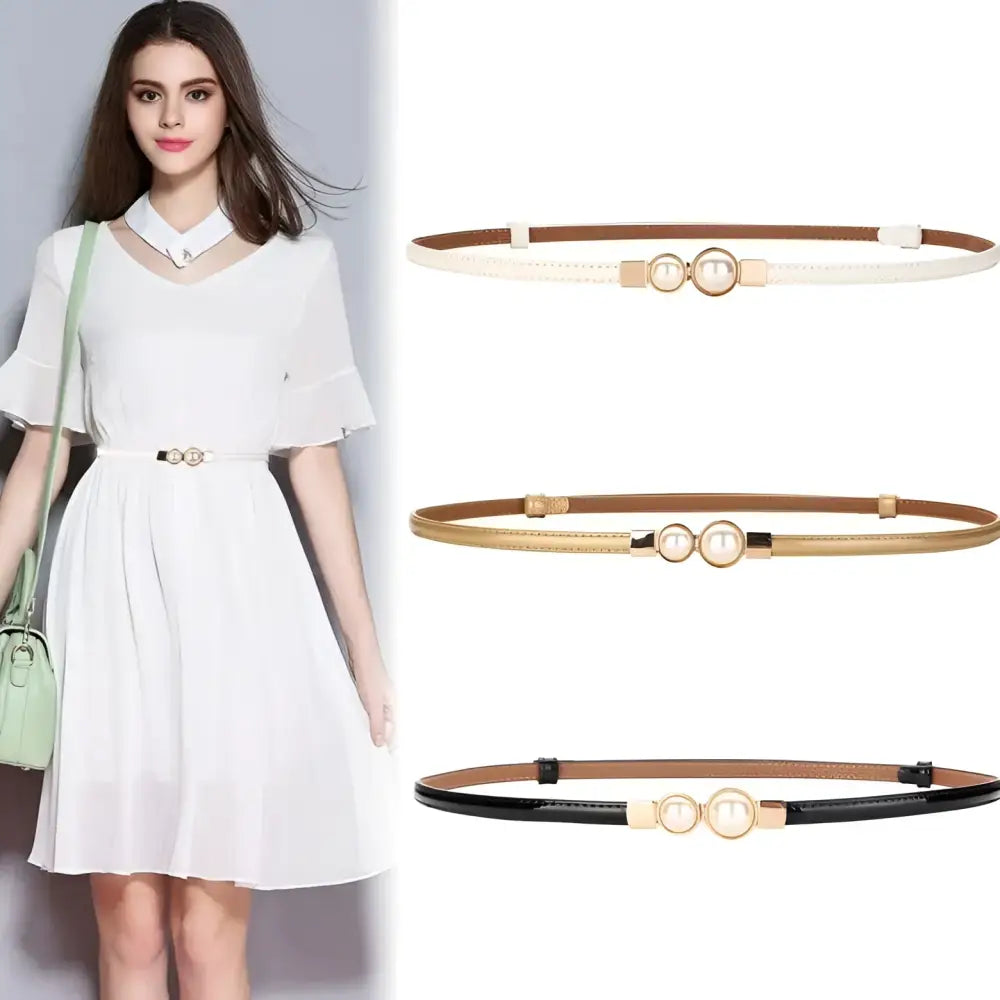 Women’s slim leather belt with pearl accents paired with a white dress for elegant style