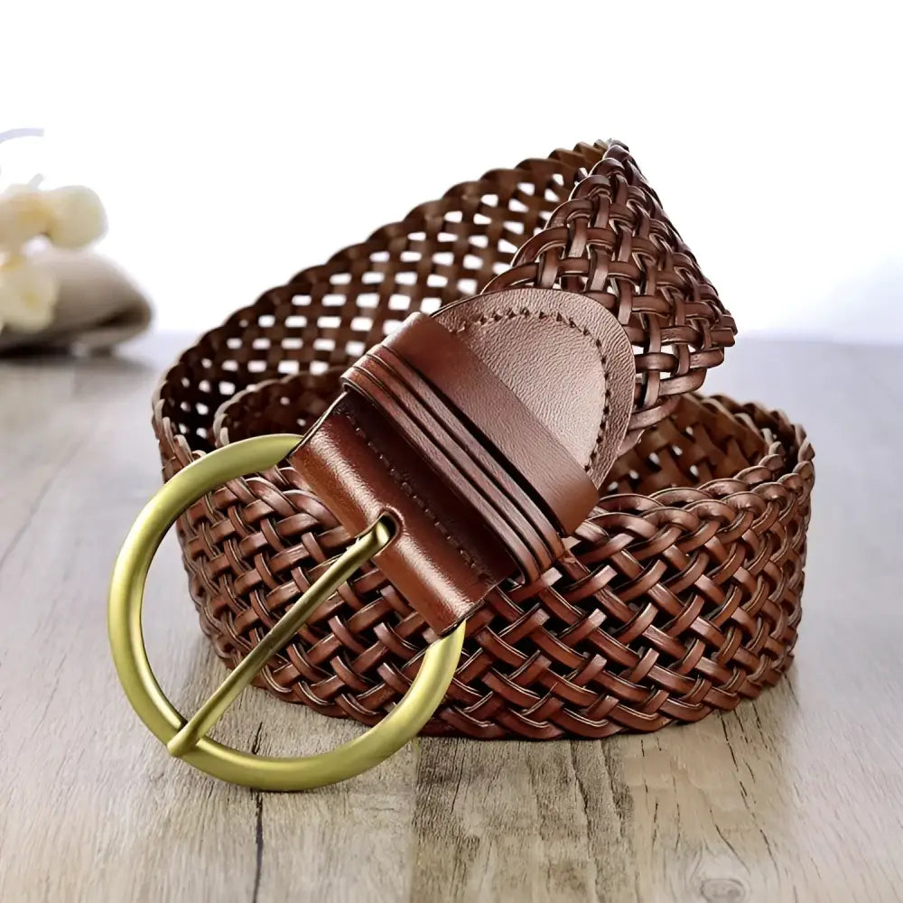 Brown woven leather belt with gold buckle for elegant style and fashion accessory