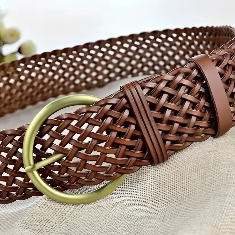 Woven leather belt with brass buckle for elegant style, made of high-quality woven leather