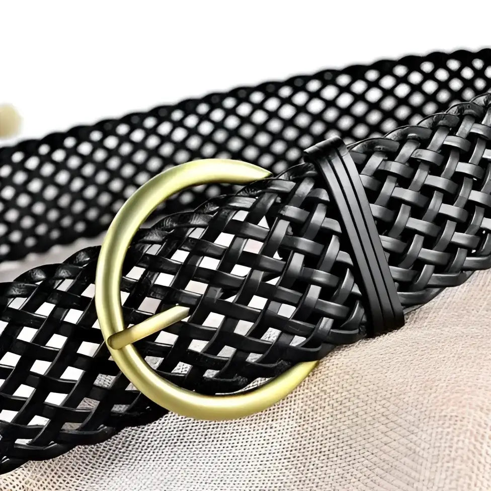 Woven leather belt with gold buckle for elegant style, showcasing craftsmanship