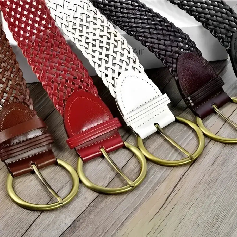 Woven leather belt with gold buckle, stylish braided leather accessory for men and women