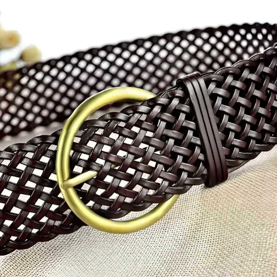 Woven leather belt with gold buckle for elegant style displayed in product listing