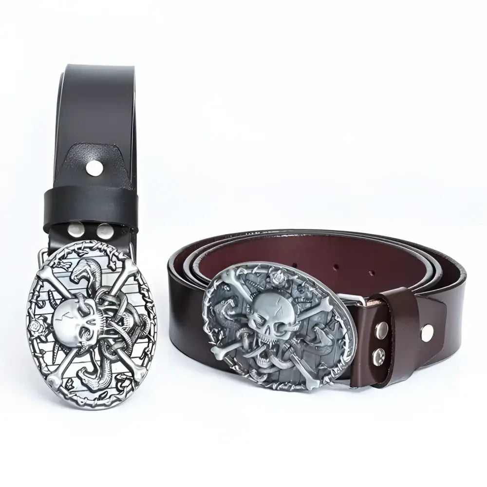 Zegrath belt with skull and crossbones buckle in black leather design